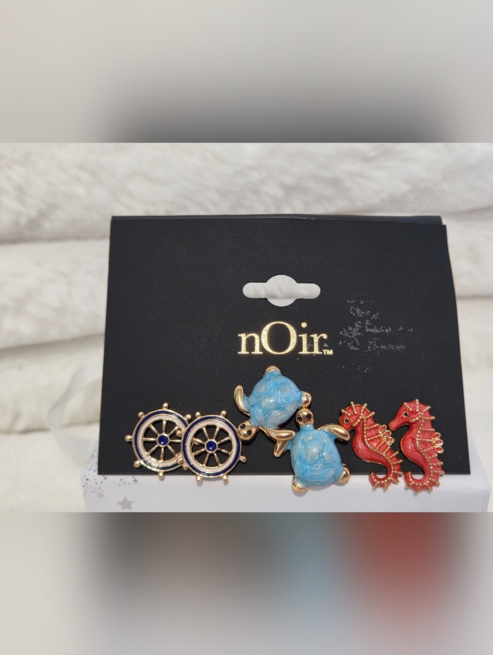 nOir Jewelry Blue Turtle, Navy Wheel, Sea Horse Earring Set with Gold Accents
